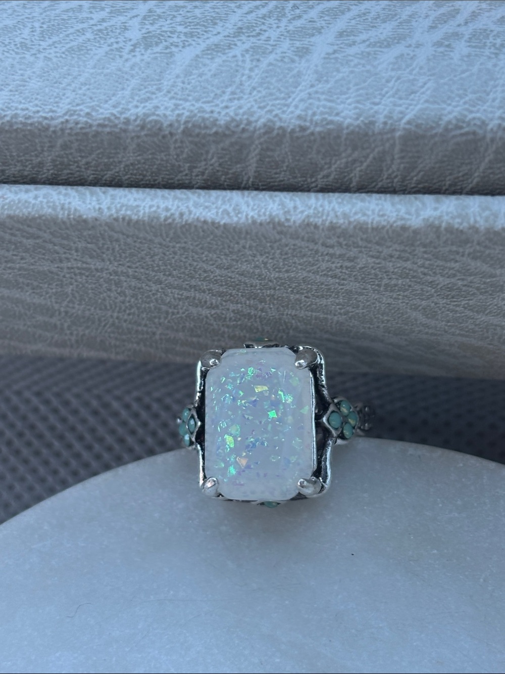 Silver Fashion White Opal Statement Ring